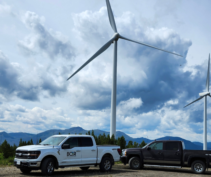 Wind turbines and BC Energy Regulator truck